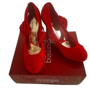 Red Mary-Jane Velvet Pumps High Heel 3D Flower Size 9